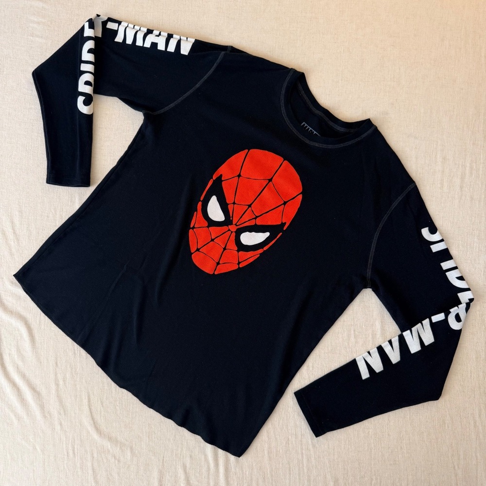 Marvel Spider-Man Mens XL Black Waffle Knit Thermal Long Sleeve Graphic Shirt